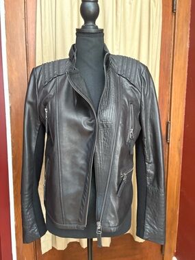 Bernardo Black Leather Moto Jacket with Quilted Shoulders